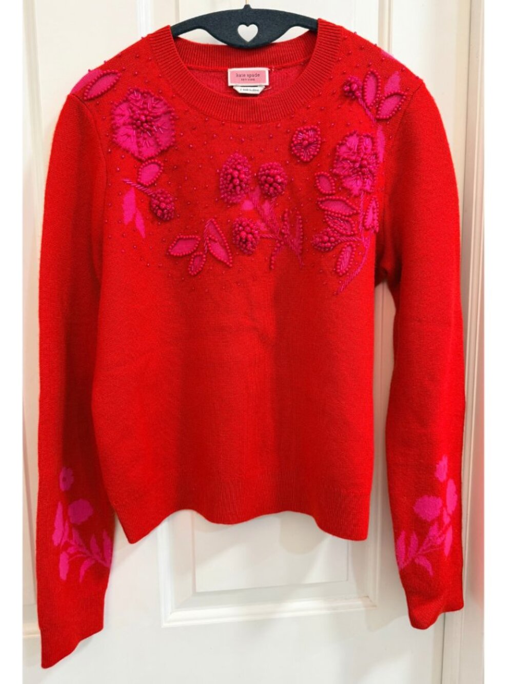 Kate Spade New York Red & Pink Beaded Floral Wool Sweater Small